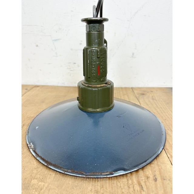 Industrial Blue Enamel Military Pendant Lamp with Cast Aluminium Top, 1960s For Sale - Image 11 of 16