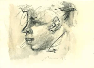 Mino Maccari, Smoking Man, Original Charcoal and Watercolor Drawing, 1960s