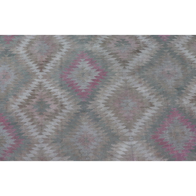 Mid 20th Century Vintage Turkish Kilim Rug With Geometric Diamond Design in Green and Pink 8 X 11 For Sale - Image 5 of 12