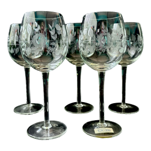 Vintage Toscany Hand Blown Wine Glasses Set of 5 – Romanian Mid-Century Floral Cut Crystal Stemware - Toy57 Pattern