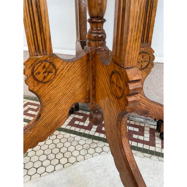 Antique Victorian Carved Quarter Sawn Oak Parlor Table on Casters, Eastlake Style For Sale - Image 18 of 18