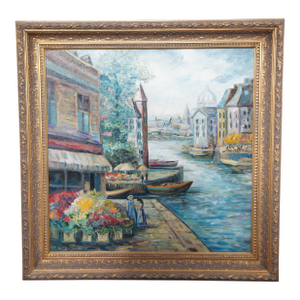 1990s Vintage Italian Canal Cityscape Oil Painting Venice Figures & Boats Framed 45"