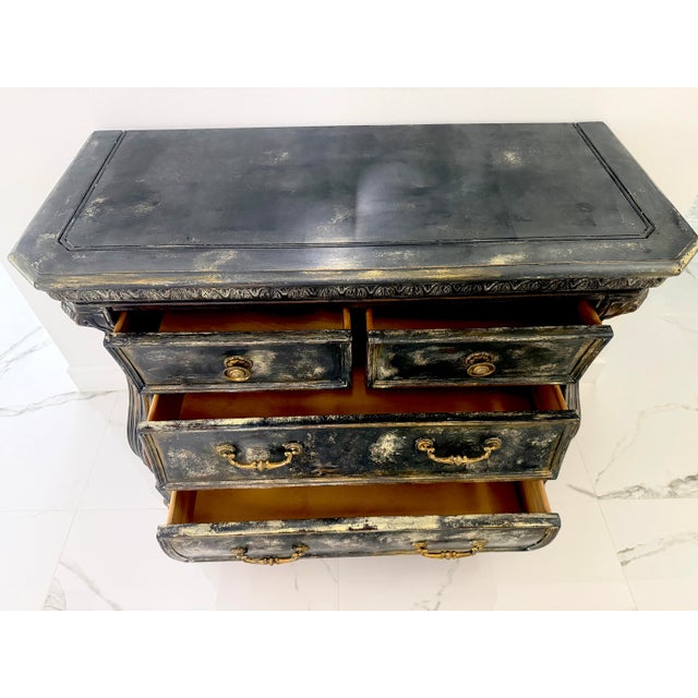 French Provincial Vintage Lane Bombe Chest — Hand-Painted Blue-Gray & Gold Distressed Finish For Sale - Image 3 of 7