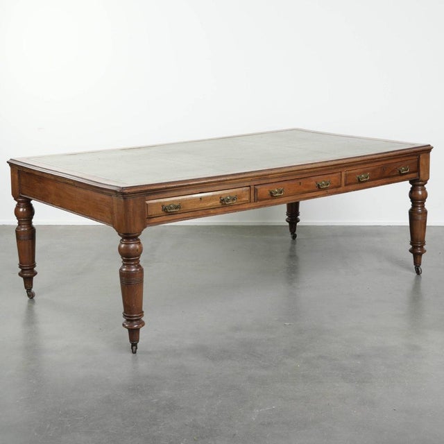 Antique English Writing Desk on Wheels with Drawers and Green Leather Top For Sale - Image 14 of 14