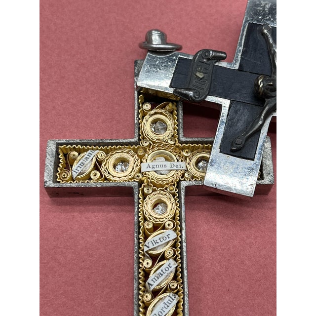 Black Renaissance Revival Reliquary Cross, Ebony with Intricate Paperole Monastic Filigree Work and Agnus Dei, ca. 1870 For Sale - Image 8 of 11