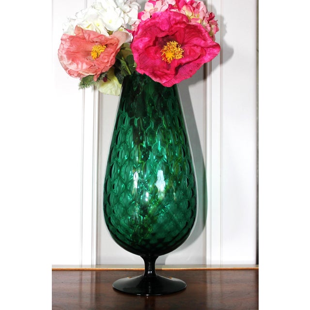 Glass Mid-Century Modern Emerald Green Hand-Blown Art Glass Pedestal Vase, 1970s For Sale - Image 7 of 10
