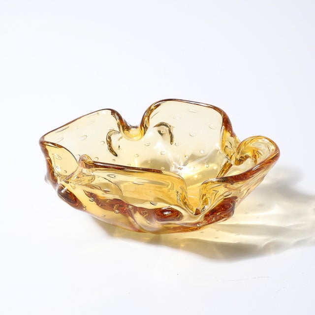 Mid-Century Modernist Hand-Blown Murano Glass Bowl in Amber W/ Crimped Detailing For Sale - Image 4 of 11