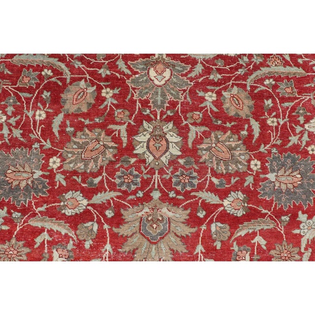 Textile Antique Persian Fine Weave Tabriz in Red Background With Earth Tones For Sale - Image 7 of 12