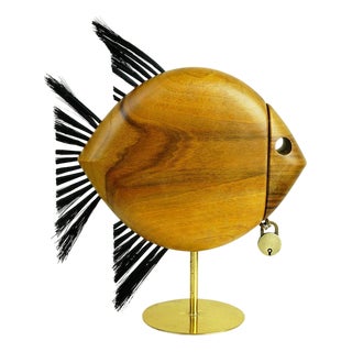 Mid-Century Austrian Walnut and Brass Fish Money Box attributed to Carl Auböck, 1950s For Sale