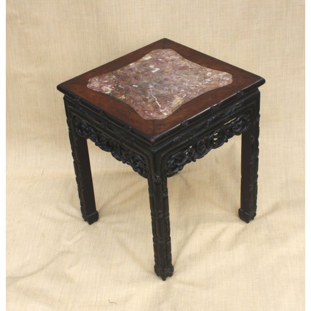 Antique Qing Era Chinese Hand-Carved Wood Table With Inset Marble Top For Sale - Image 4 of 9
