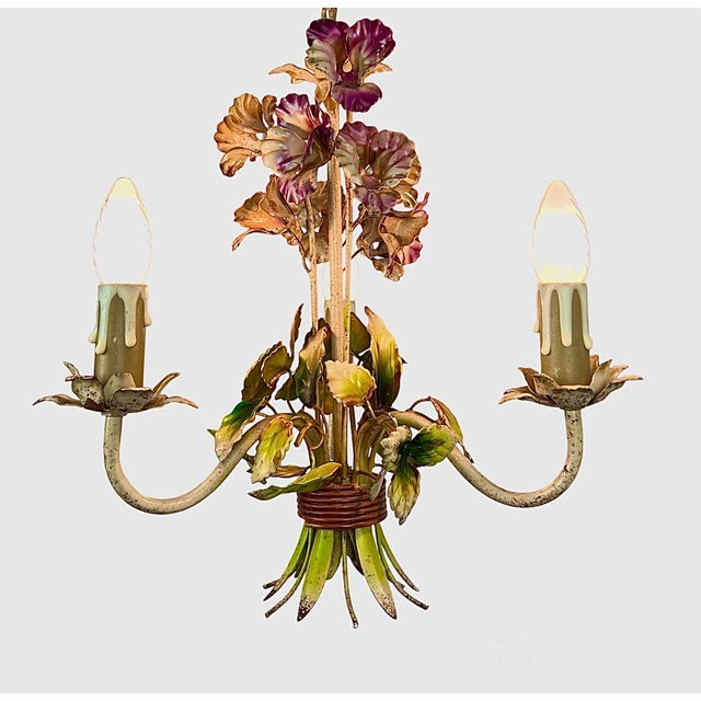 Metal Vintage French Metal Flower Bouquet Three-Arm Chandelier, 1950s For Sale - Image 7 of 16