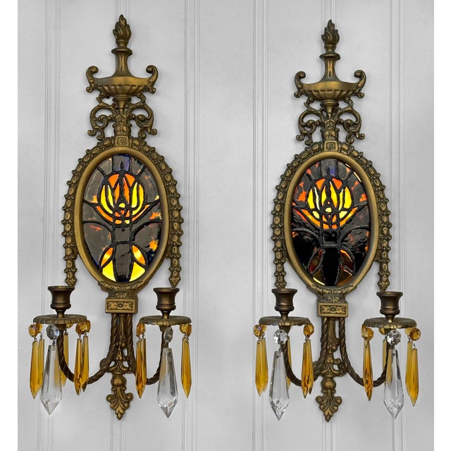 A Pair of 1920's Empire Crystal Prism Candle Wall Sconces Solid Brass with French Empire Urn Torched Crown Monumental...