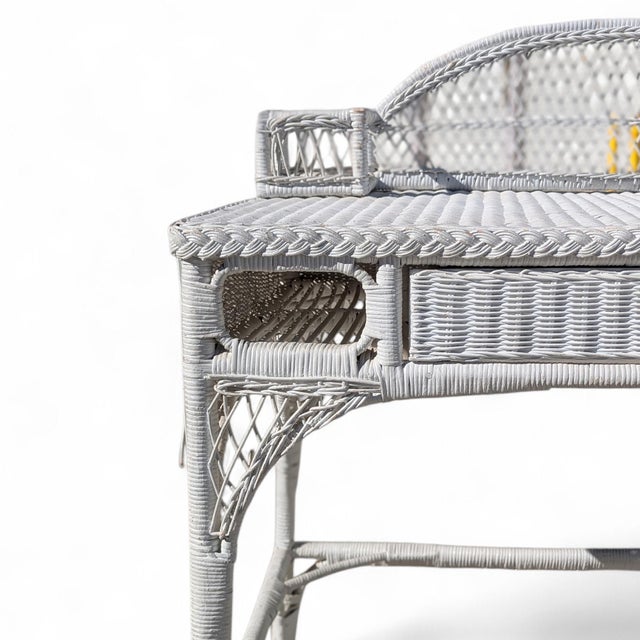 White Woven Wicker Writing Desk and Matching Side Chair For Sale - Image 4 of 18