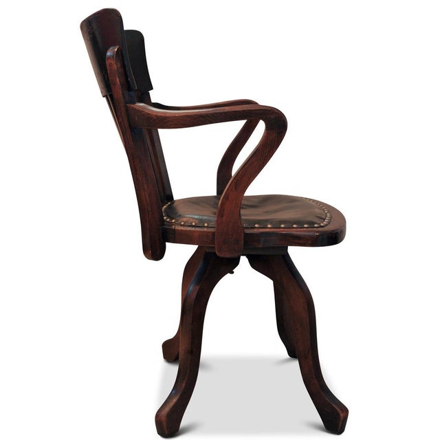Metal Victorian Revolving Desk Chair in Oak and Leather For Sale - Image 7 of 8