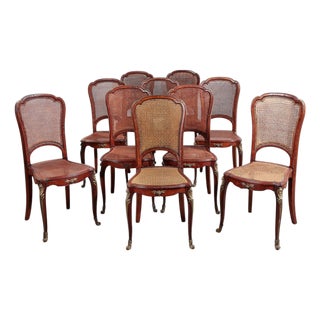 Set of 10 Antique Louis XV Gilt Bronze Mounted Cane & Walnut Dining Chairs For Sale