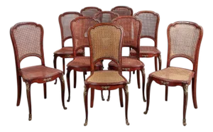 Set of 8 Antique Louis XV Gilt Bronze Mounted Cane & Walnut Dining Chairs