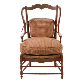 Vintage French Provincial Distressed Terracotta Red Wingback Chair With Gingham Cushions For Sale