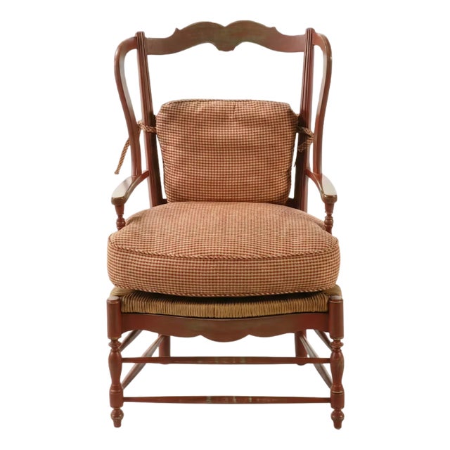 Vintage French Provincial Distressed Terracotta Red Wingback Chair With Gingham Cushions For Sale