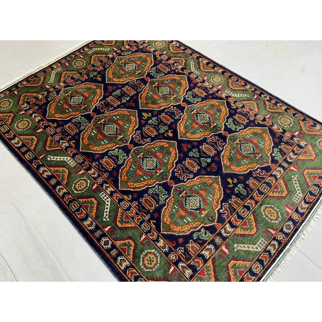 Green & Navy Blue Geometric Tribal Wool Area Rug, 5' X 6'7" For Sale - Image 4 of 16
