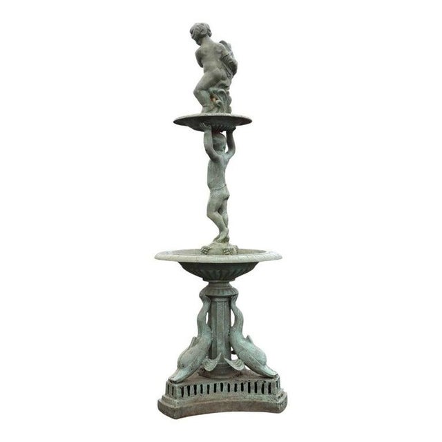 Green Vintage Figural Cherub & Dolphon Cast Iron Garden Fountain Mid 20thC For Sale - Image 8 of 10