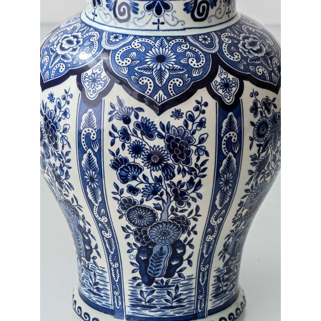 Metal Delft Blue Ceramic Table Lamps with Persimmon Silk Shades from Boch Frères, 1960s, Set of 2 For Sale - Image 7 of 18