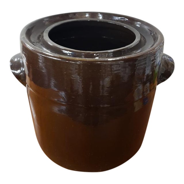 Early 20th Century American Brown Glazed Stoneware Double Handled Crock For Sale