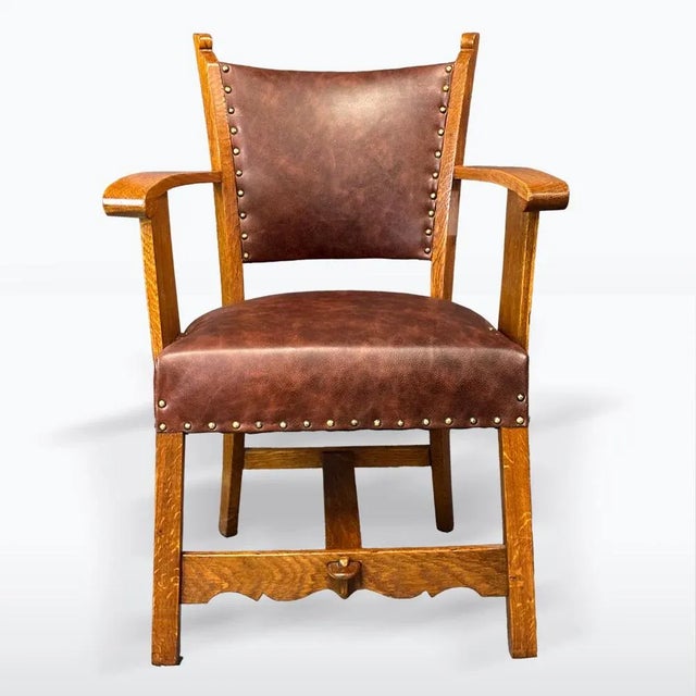 Vintage Oak Chairs in Leather, 1930s, Set of 4 For Sale - Image 4 of 9