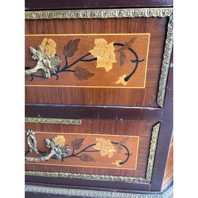 Pair of Antique French Louis XV-Style Marble Tall Cabinets With Inlaid Marquetry, A Pair For Sale - Image 10 of 12