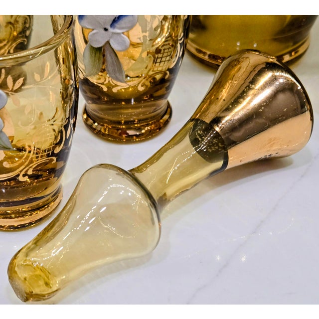 Glass Vintage Italian Murano Tre Fuochi Amber Glass Decanter & 6 Cordial Glasses – 24k Gold Gilt, Hand-Painted High Enamel Flowers For Sale - Image 7 of 12