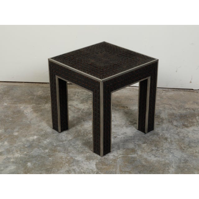 Vintage Italian Midcentury Faux Alligator Side Table with Metal Accents For Sale - Image 4 of 10