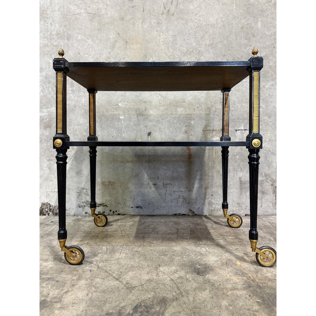 Traditional 1940s Regency Ebonized & Bronze-Mounted Drinks Cart — In the Manner of Maison Jansen, Paris For Sale - Image 3 of 16