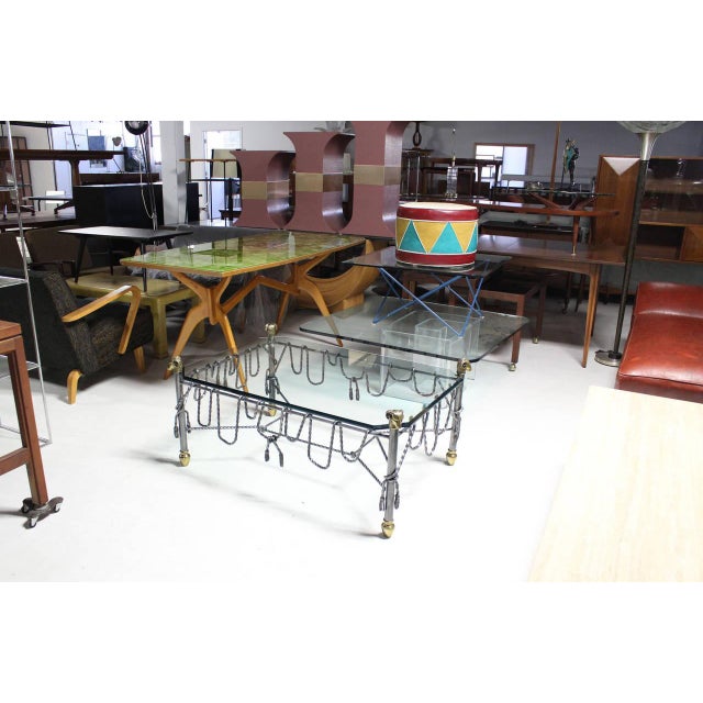 Ornate Wrought Iron Brass Ram Head Motive Glass Top Rectangle Coffee Table Twisted metal "rope" and Tassels accents, brass...