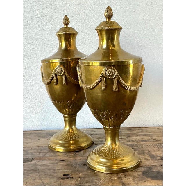 Vintage Swag Brass Lidded Urns - A Pair For Sale - Image 11 of 12