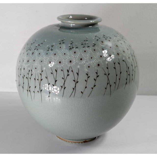 Mid-Century Modern Korean Celadon Vase With Parade of Flowers, Signed For Sale - Image 4 of 13