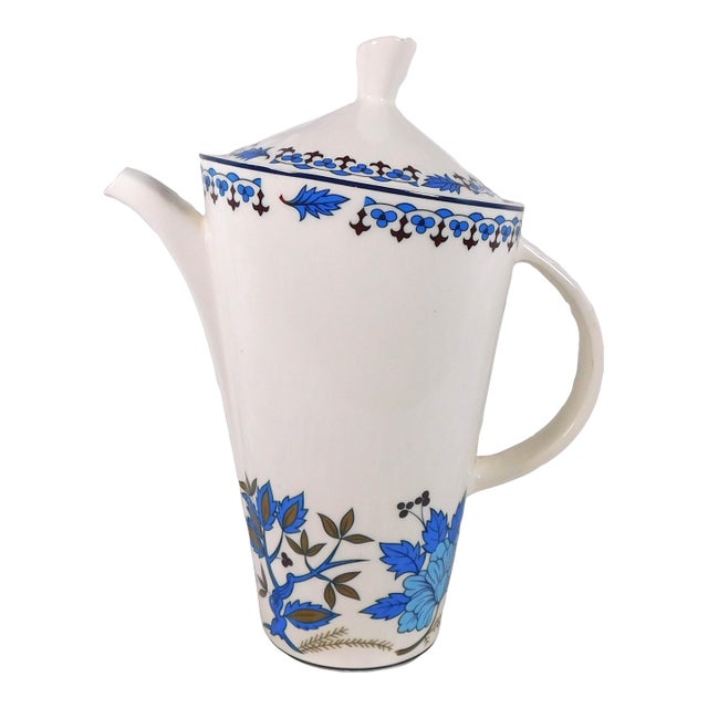 1980s Nueve San Isidro White Coffee Pot With Blue Floral Desgn For Sale