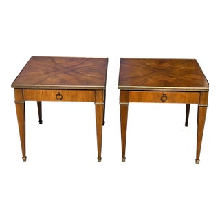1970s Baker Furniture Satinwood & Brass Neoclassical End Tables With Glass Tops, Pair For Sale