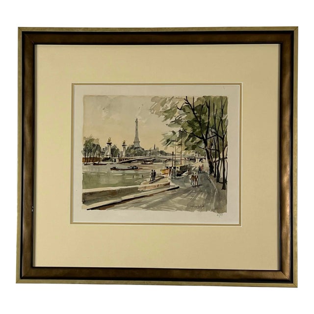 Mid-20th Century Print of Paris Riverfront, Framed For Sale