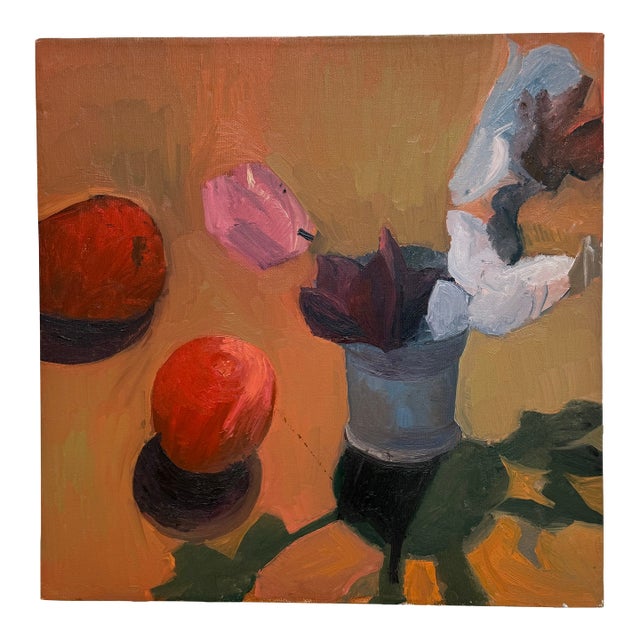 Contemporary Oil on Canvas Still Life of Fruit + Flowers, Unknown Artist For Sale