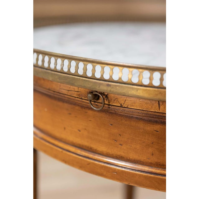 Brown Mid 20th Century French Louis XVI Style Walnut Bouillotte Table with Marble Top and Brass Gallery For Sale - Image 8 of 10