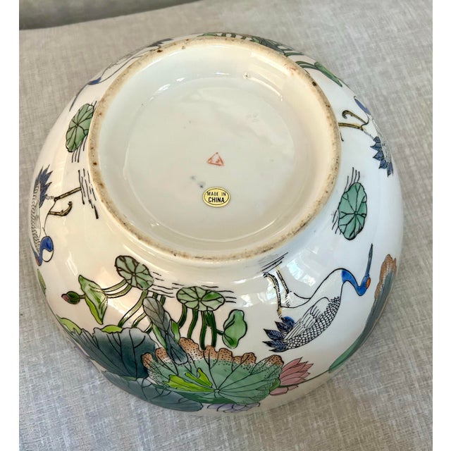 Vintage Chinese Bowl W/ Hand Painted Lotus Flowers & Cranes For Sale - Image 10 of 12