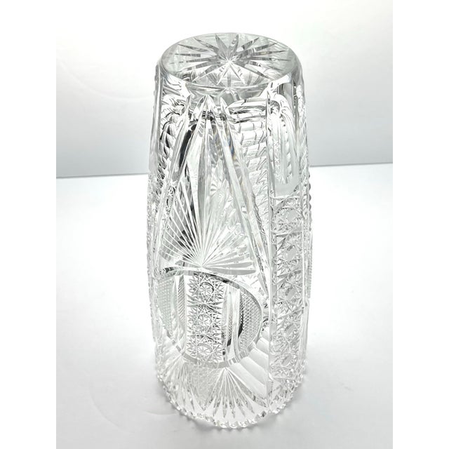 Glass Large Heavy Vintage Bohemian Cut Lead Crystal Presentation Centerpiece Vase For Sale - Image 7 of 8