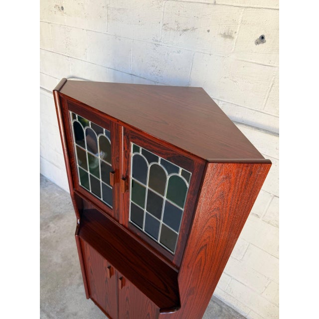 Mid-Century Modern Rosewood Corner Cabinet With Stained Glass Storage Hutch Danish Mid-Century Modern 1960s For Sale - Image 3 of 12