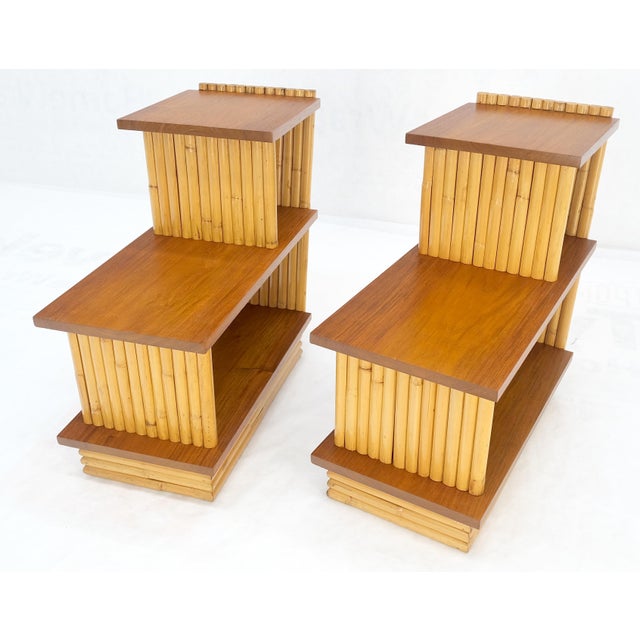 Pair of Restored 1950s Solid Mahogany & Bamboo Reed Step End Side Tables Stands For Sale - Image 9 of 12