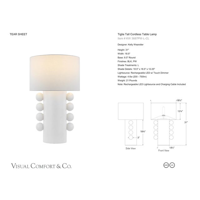 Kelly Wearstler by Visual Comfort Signature Tiglia Tall Cordless Table Lamp in Plaster White with Linen Shade Designer:...