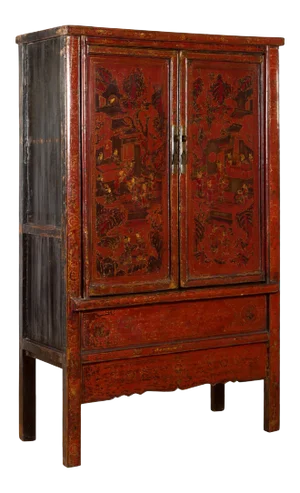 Chinese Qing Dynasty 19th Century Red Cabinet with Hand Painted Chinoiseries