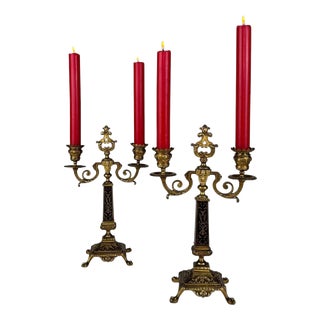 19th Century Antique French Brass and Ebony 2-Light Candelabras, Set of 2 For Sale