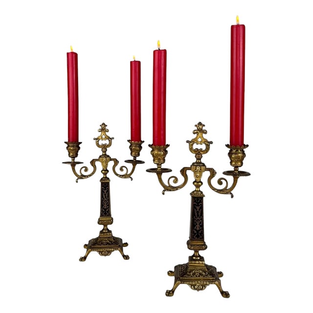 19th Century Antique French Brass and Ebony 2-Light Candelabras, Set of 2 For Sale