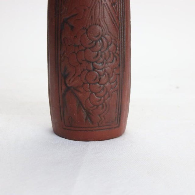 Antique Arts & Crafts Embossed Paneled Grape & Leaf Redware Pottery Vase C1920 For Sale - Image 9 of 9