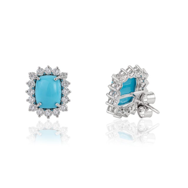 Metal Vintage Inspired 14k Gold 3.88ct Turquoise & Diamond Stud Earrings- A Pair For Sale - Image 7 of 14
