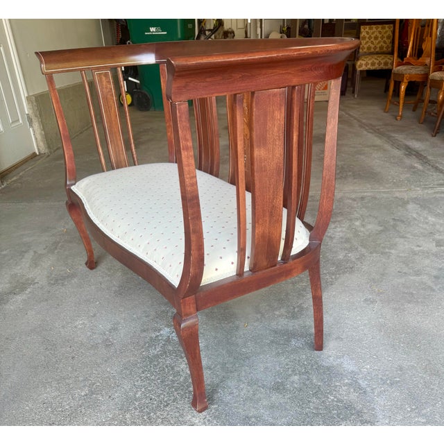 Victorian Antique Mahogany Inlaid Settee – Circa 1890s Marquetry & Mother of Pearl For Sale - Image 3 of 7